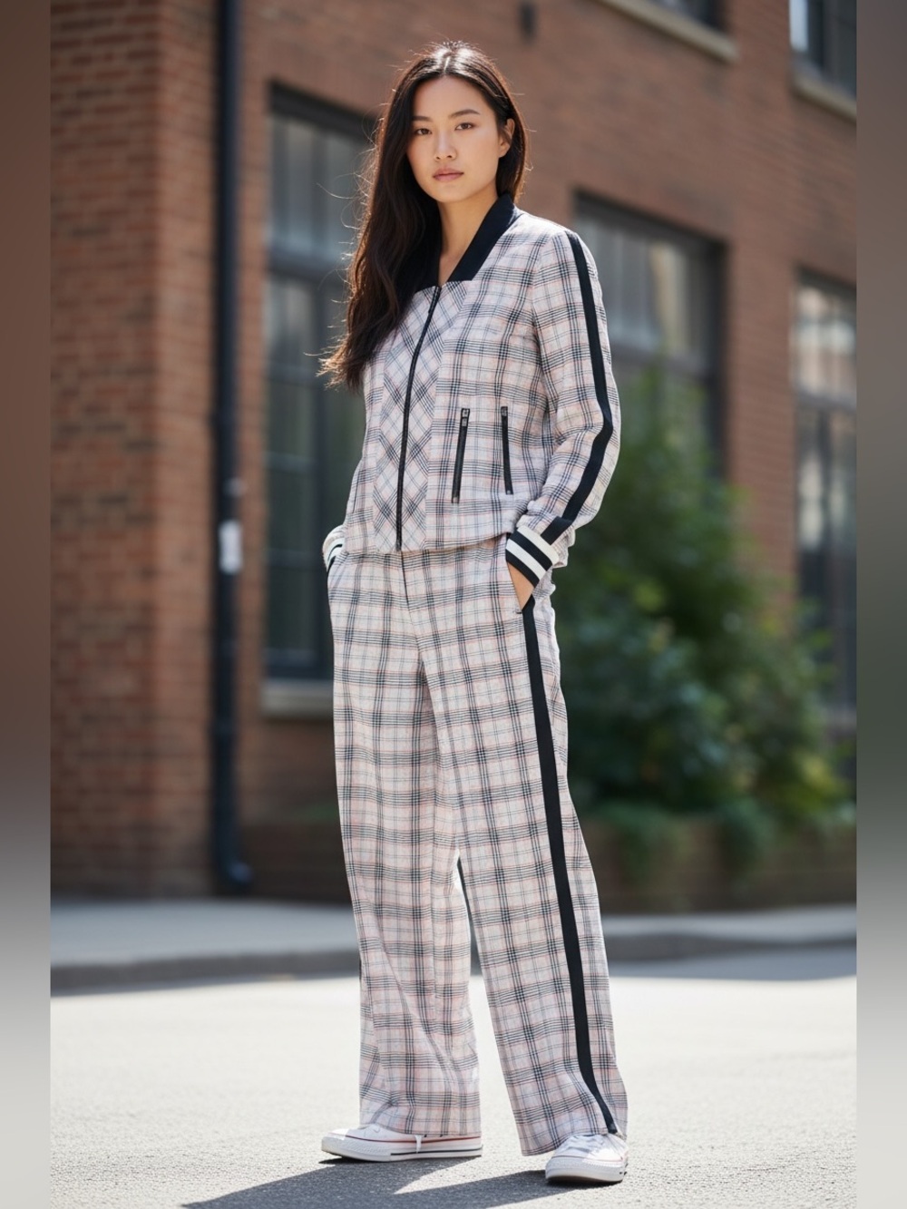 Per Se by Carlisle NWT Glen Plaid Wide-Leg Track Pants & Bomber Jacket Set Sz 4
